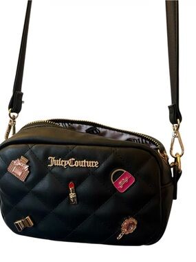 Juicy Couture Black Quilted Crossbody Bag with Gold Logo and Enamel Pins